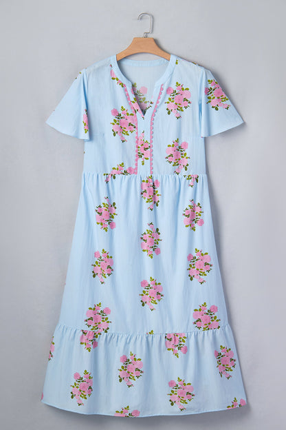 Plus Size Floral Scalloped Trim V-Neck Maxi Dress