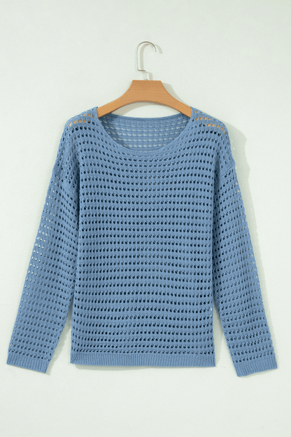 Solid Crochet Knit Long Sleeve Sweater
