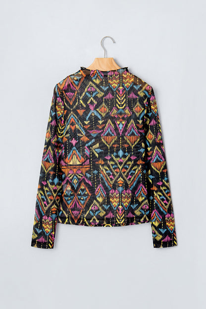 Aztec Mesh Mock Neck Long Sleeve Top