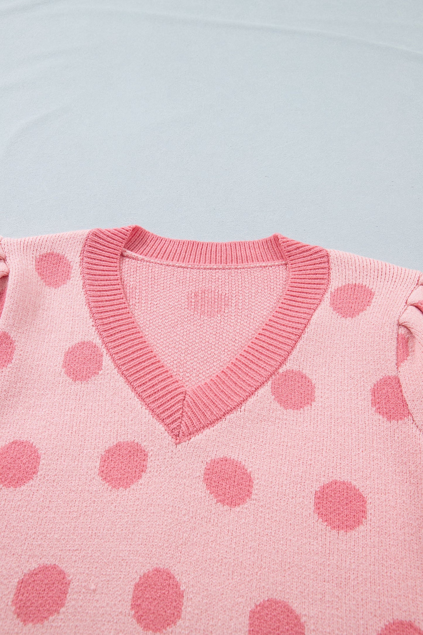 Polka Dot Puff Short Sleeve V-Neck Sweater