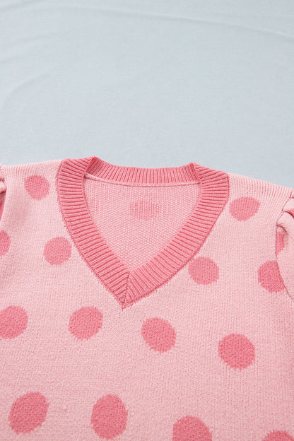 Polka Dot Puff Short Sleeve V-Neck Sweater