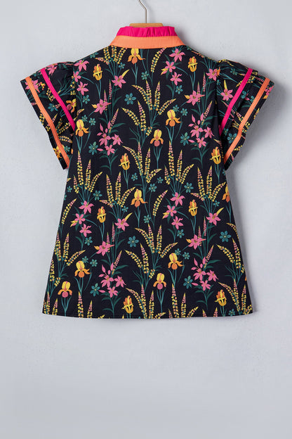 Floral Contrast Trim Tiered Ruffle Short Sleeve Blouse