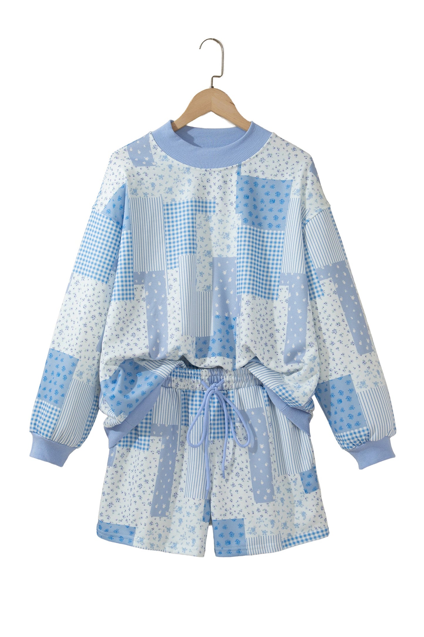 Floral Patchwork Sweatshirt & Drawstring Shorts Set