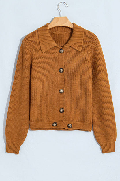 Solid Ribbed Knit Collared Button Front Cardigan