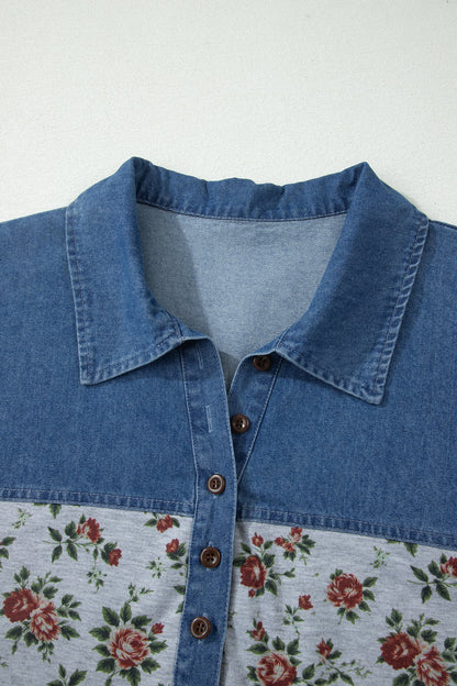 Plus Size Floral Denim Patchwork Polo Tee