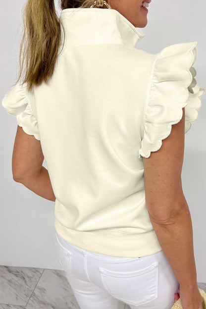 Solid Zip-Up Collared Ruffle Short Sleeve Blouse