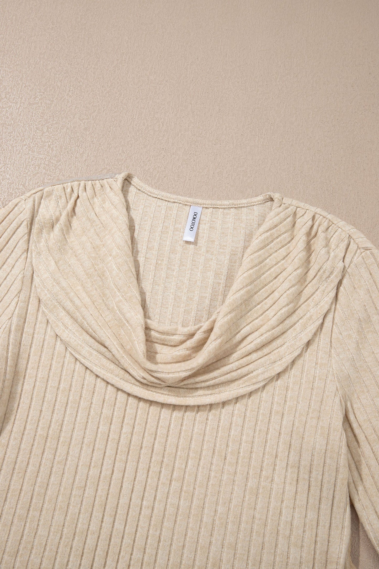 Solid Ribbed Knit Cowl Neck Long Sleeve Top