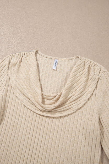 Solid Ribbed Knit Cowl Neck Long Sleeve Top