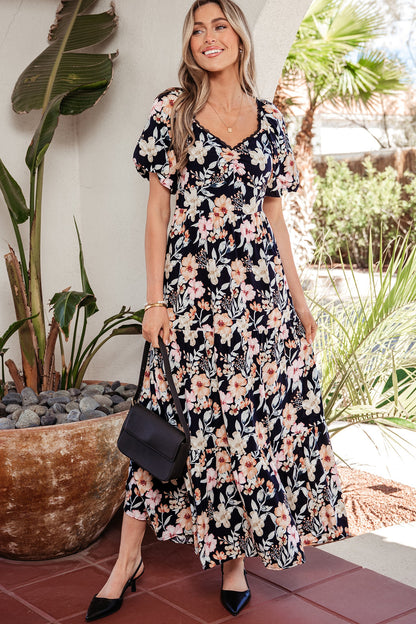 Floral Short Sleeve Smocked High Waist Maxi Dress
