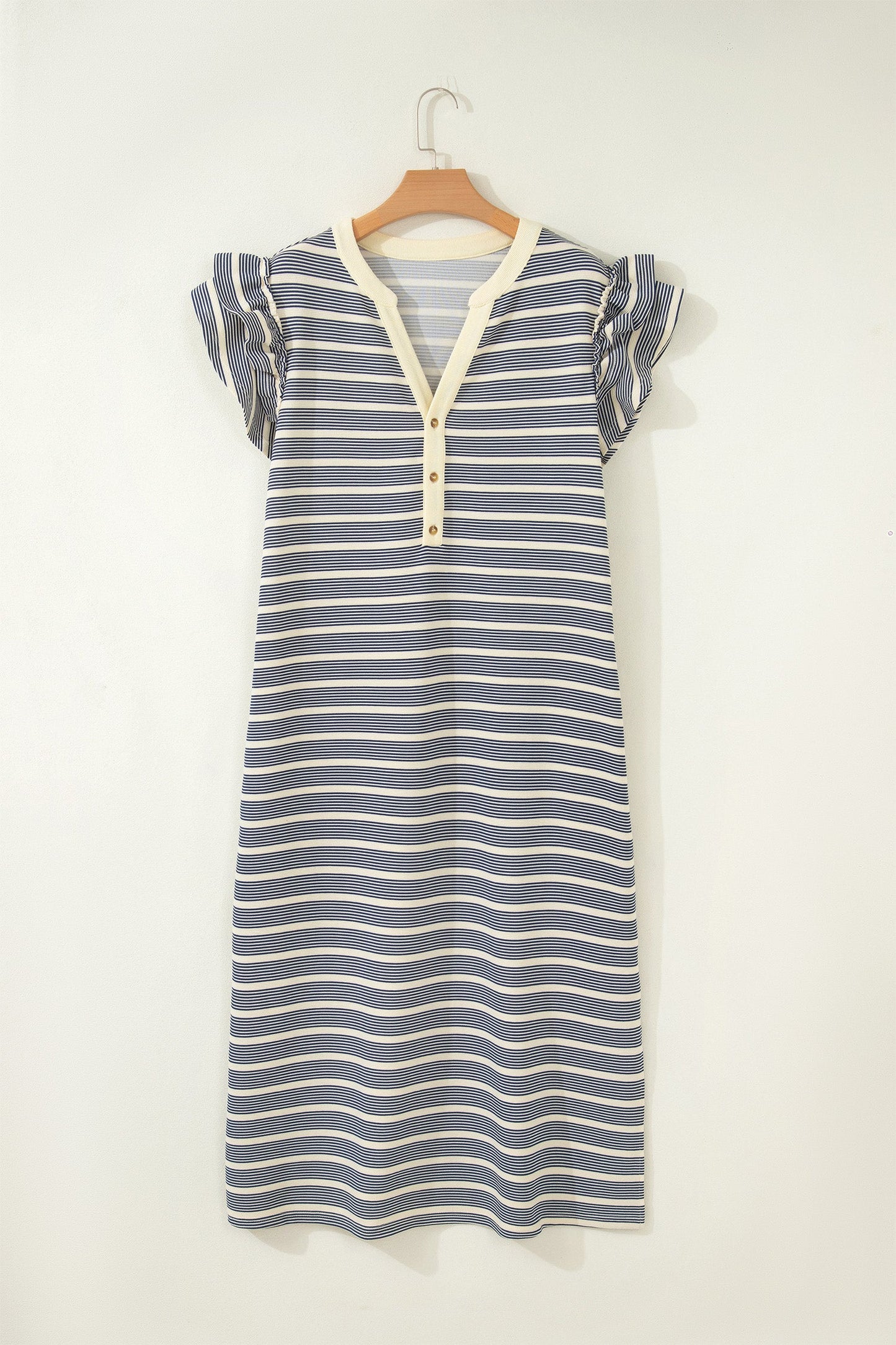 Plus Size Stripe Ruffle Sleeve Button V-Neck Dress