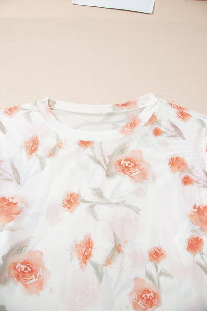 Plus Size Floral Sheer Mesh Long Sleeve Top