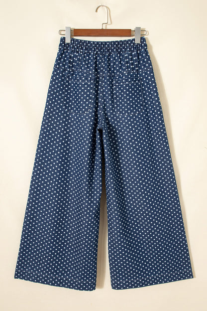 Polka Dot Button Up Pleated Wide Leg Jeans