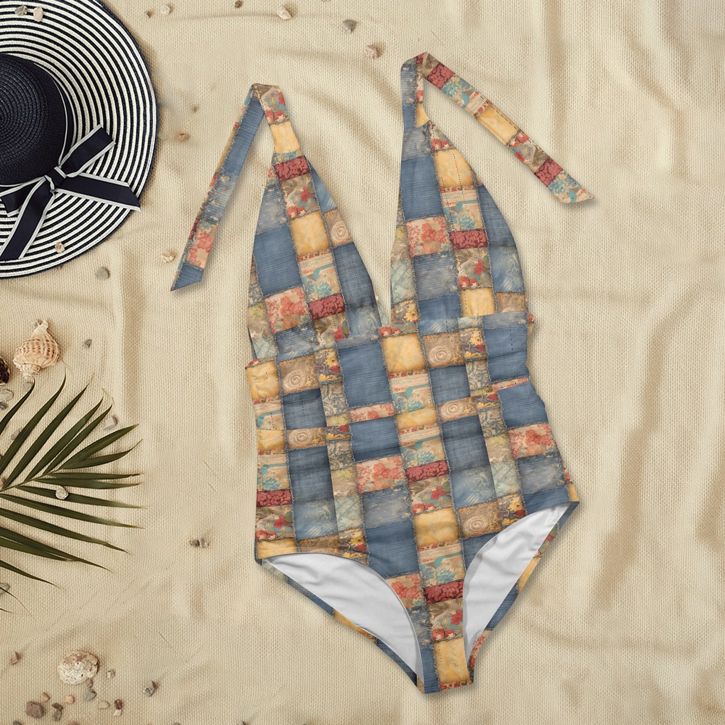 Vintage Patchwork Halter Backless Swimsuit