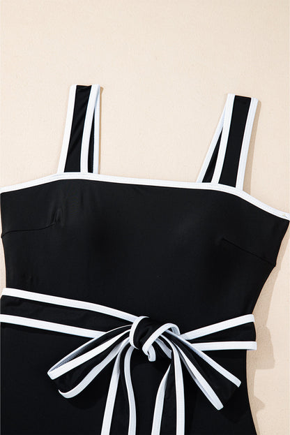 Colorblock Contrast Trim Belted One Piece Swimsuit