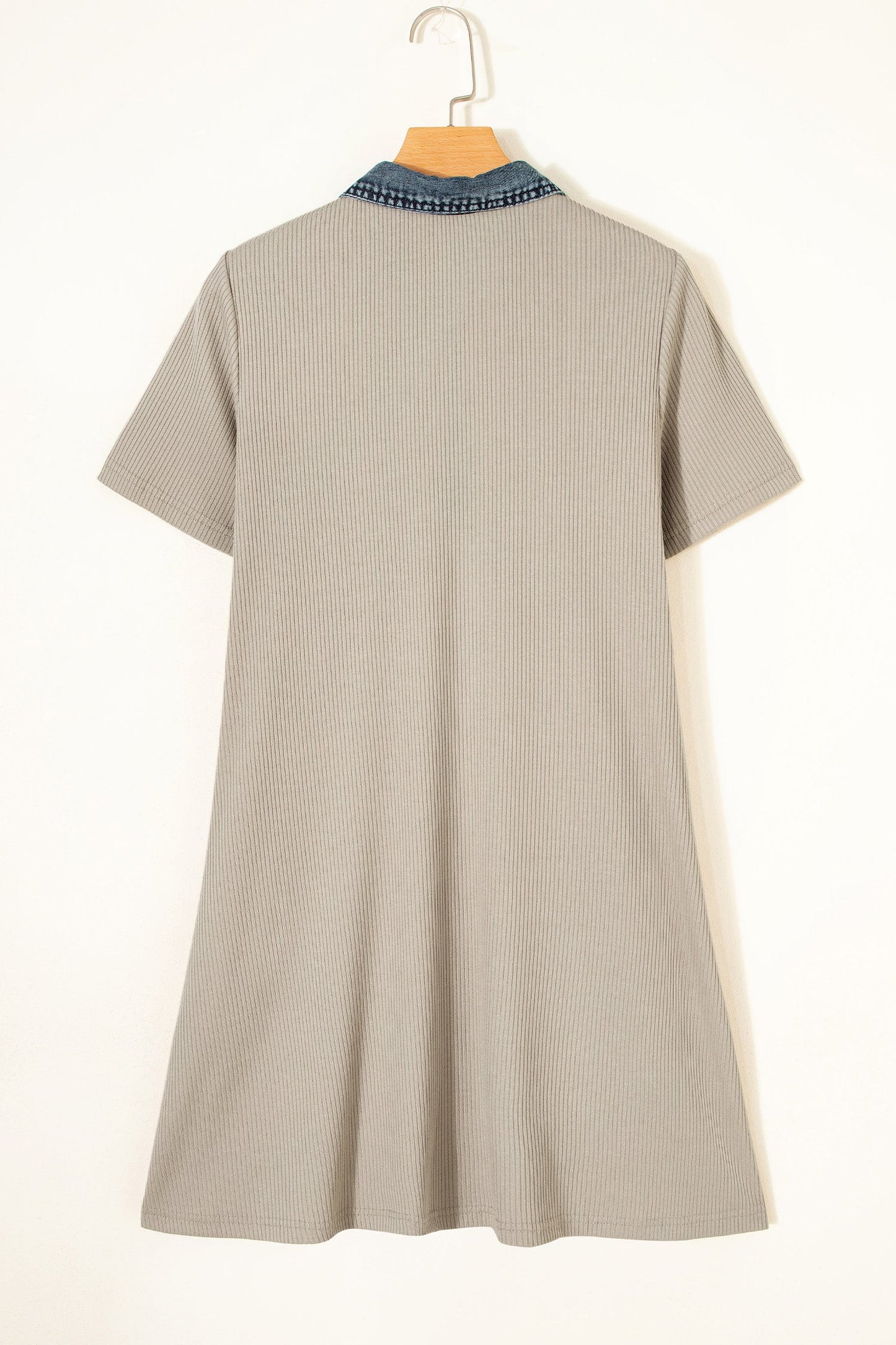 Denim Patchwork Ribbed Knit Polo Collar Dress