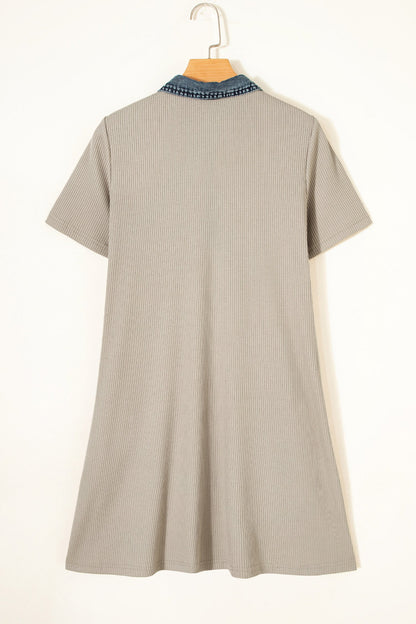 Denim Patchwork Ribbed Knit Polo Collar Dress
