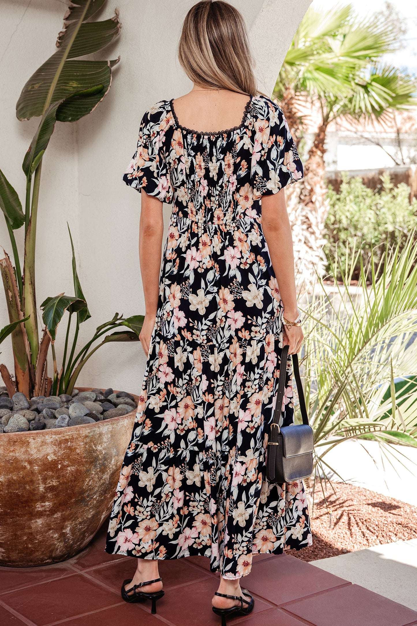 Floral Short Sleeve Smocked High Waist Maxi Dress