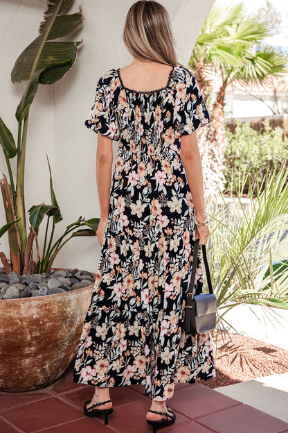 Floral Short Sleeve Smocked High Waist Maxi Dress
