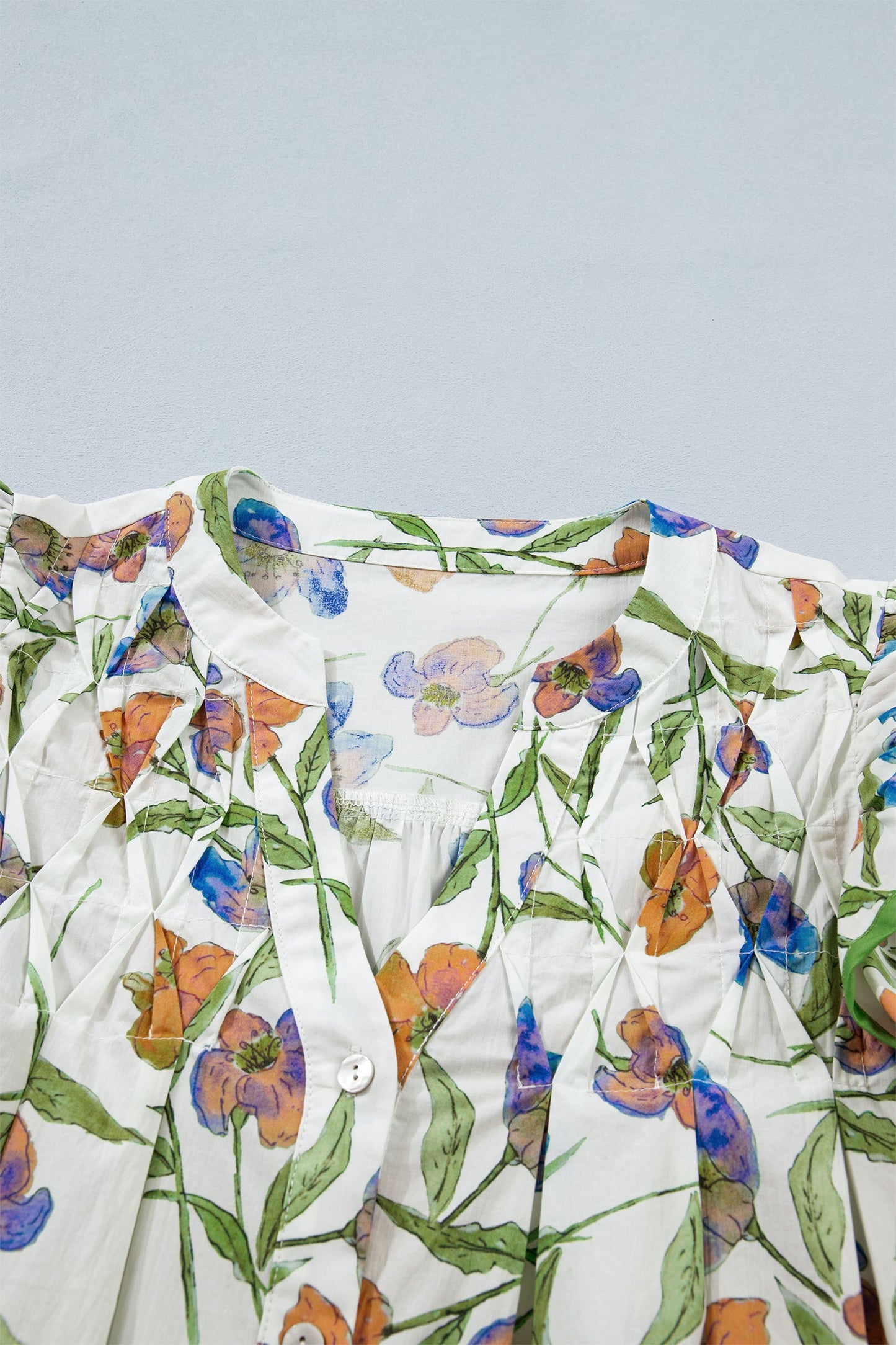 Floral Ruffle Sleeve Pleated Button Up V-Neck Blouse