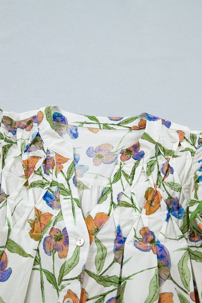 Floral Ruffle Sleeve Pleated Button Up V-Neck Blouse