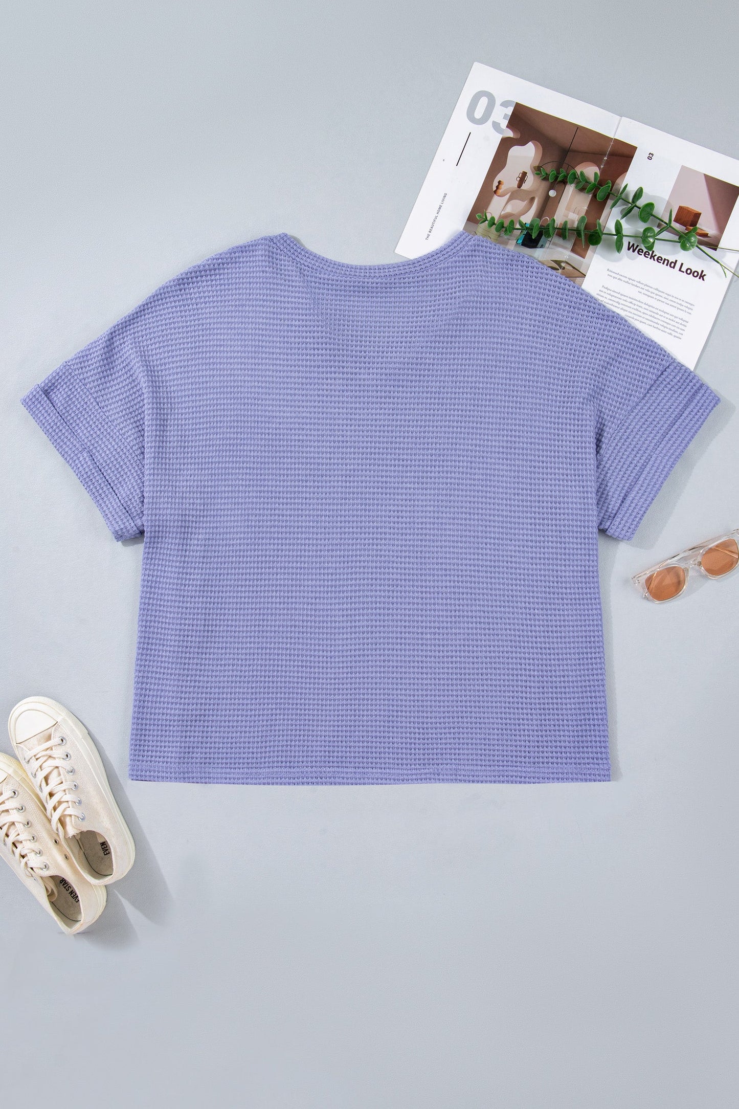 Plus Size Solid Waffle Knit V-Neck Short Sleeve Top