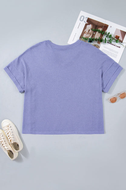 Plus Size Solid Waffle Knit V-Neck Short Sleeve Top