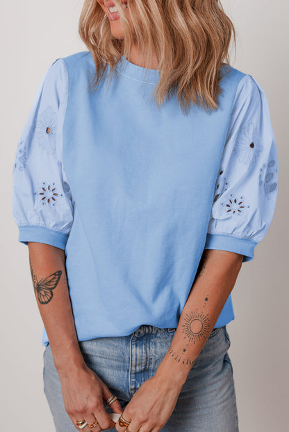 Floral Eyelet Embroidered Puff Short Sleeve Blouse