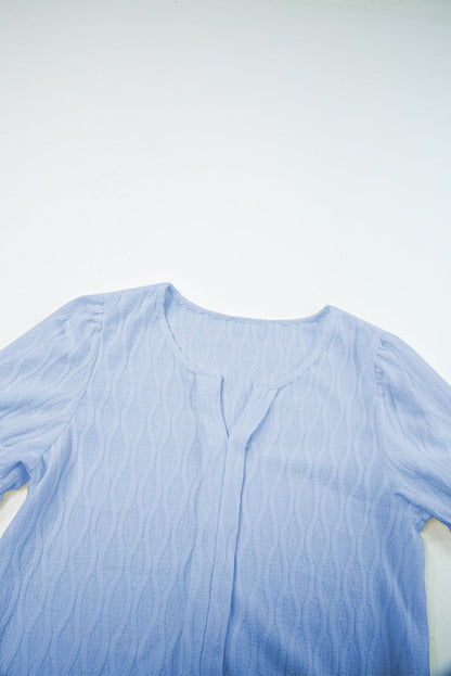 Solid Textured Notch Neck Puff Sleeve Blouse