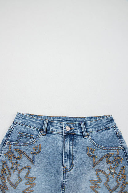 Western Embroidered Studded Denim Shorts