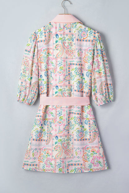 Boho Floral Colorblock 3/4 Sleeve Belted Mini Dress