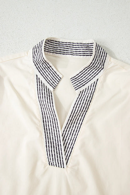 Floral Patchwork Contrast V-Neck Puff Sleeve Blouse