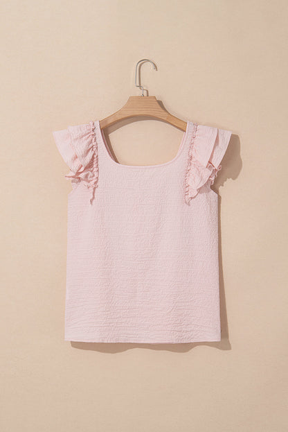 Textured Bow Back Frilled Butterfly Sleeve Blouse