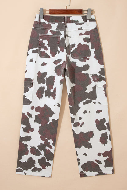 Western Cow Spot Cargo Pocket Straight Leg Jeans