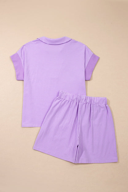 Stripe Dolman Sleeve Polo Shirt & Drawstring Shorts Set