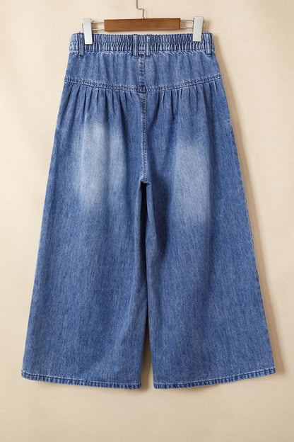 Denim Pleated High Rise Cropped Wide Leg Pants