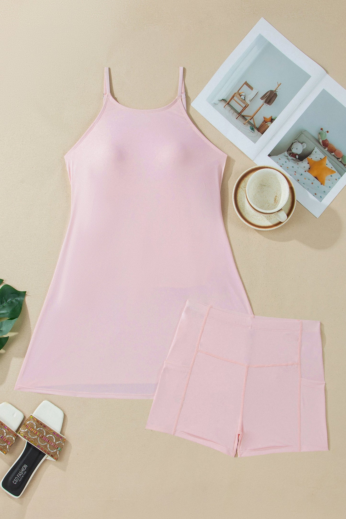 Solid Tunic Tank Dress & Shorts Athletic Set