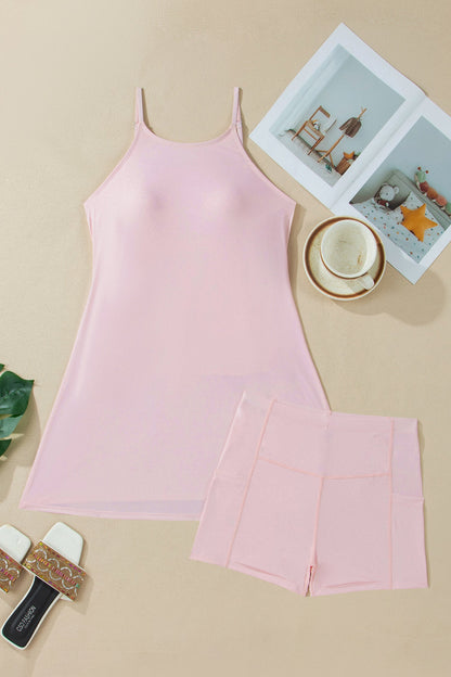 Solid Tunic Tank Dress & Shorts Athletic Set