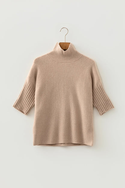 Ribbed Trim High Neck Short Sleeve Sweater
