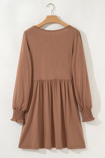 Solid Shirred Cuff Long Sleeve Buttoned Mini Dress