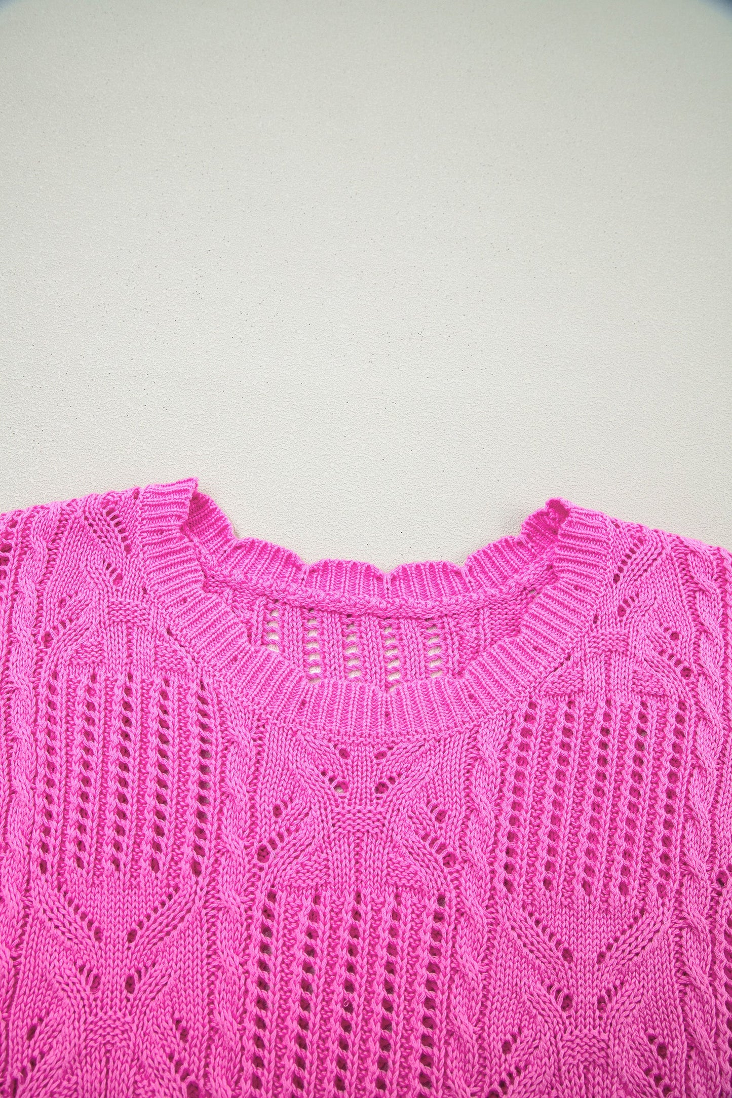 Pointelle Knit Scallop Trim Short Sleeve Sweater