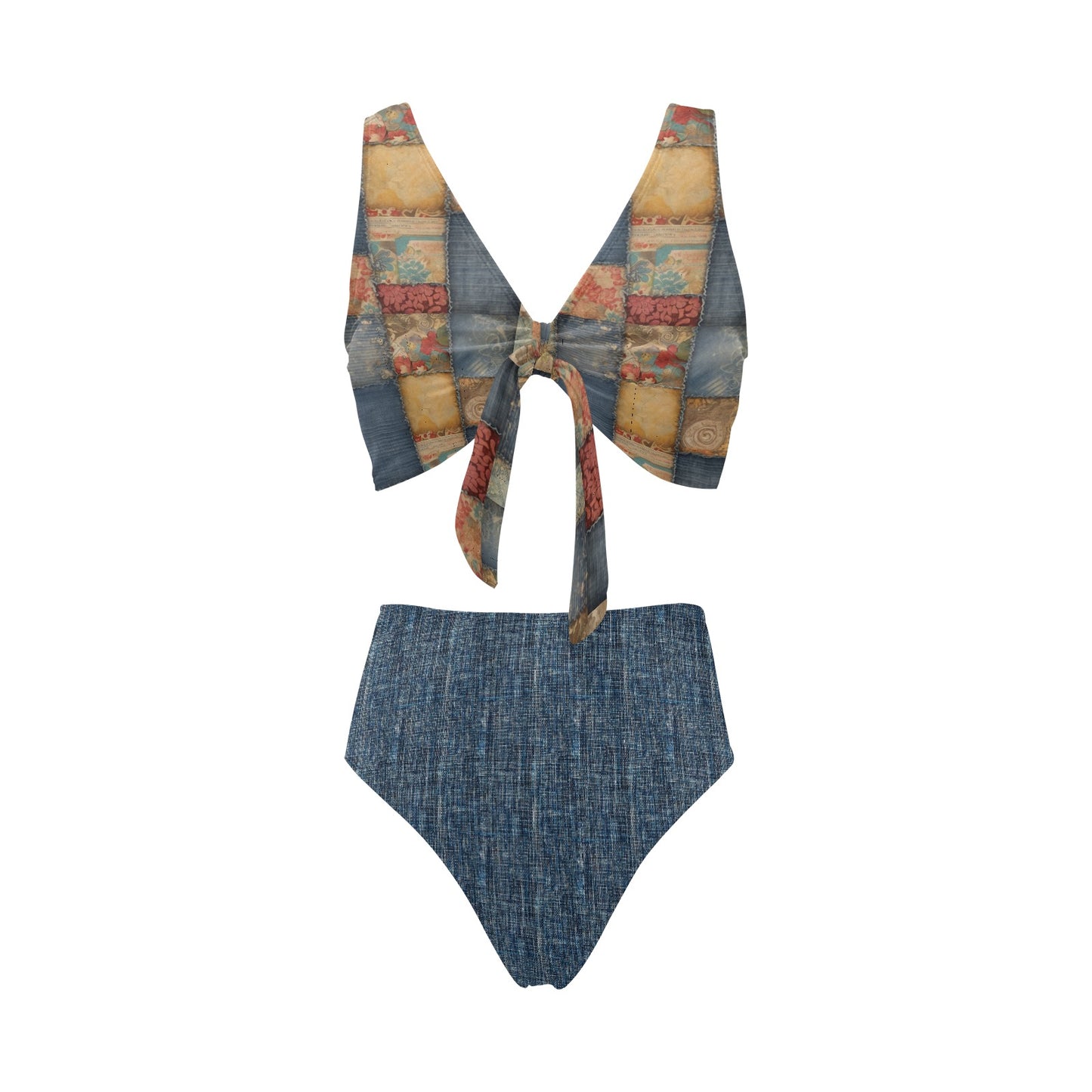 Vintage Patchwork & Denim Bowknot High Waisted Bikini Swimsuit