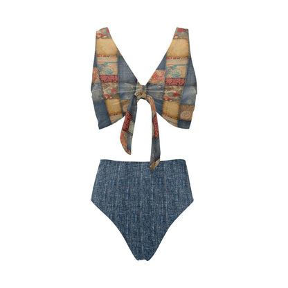 Vintage Patchwork & Denim Bowknot High Waisted Bikini Swimsuit