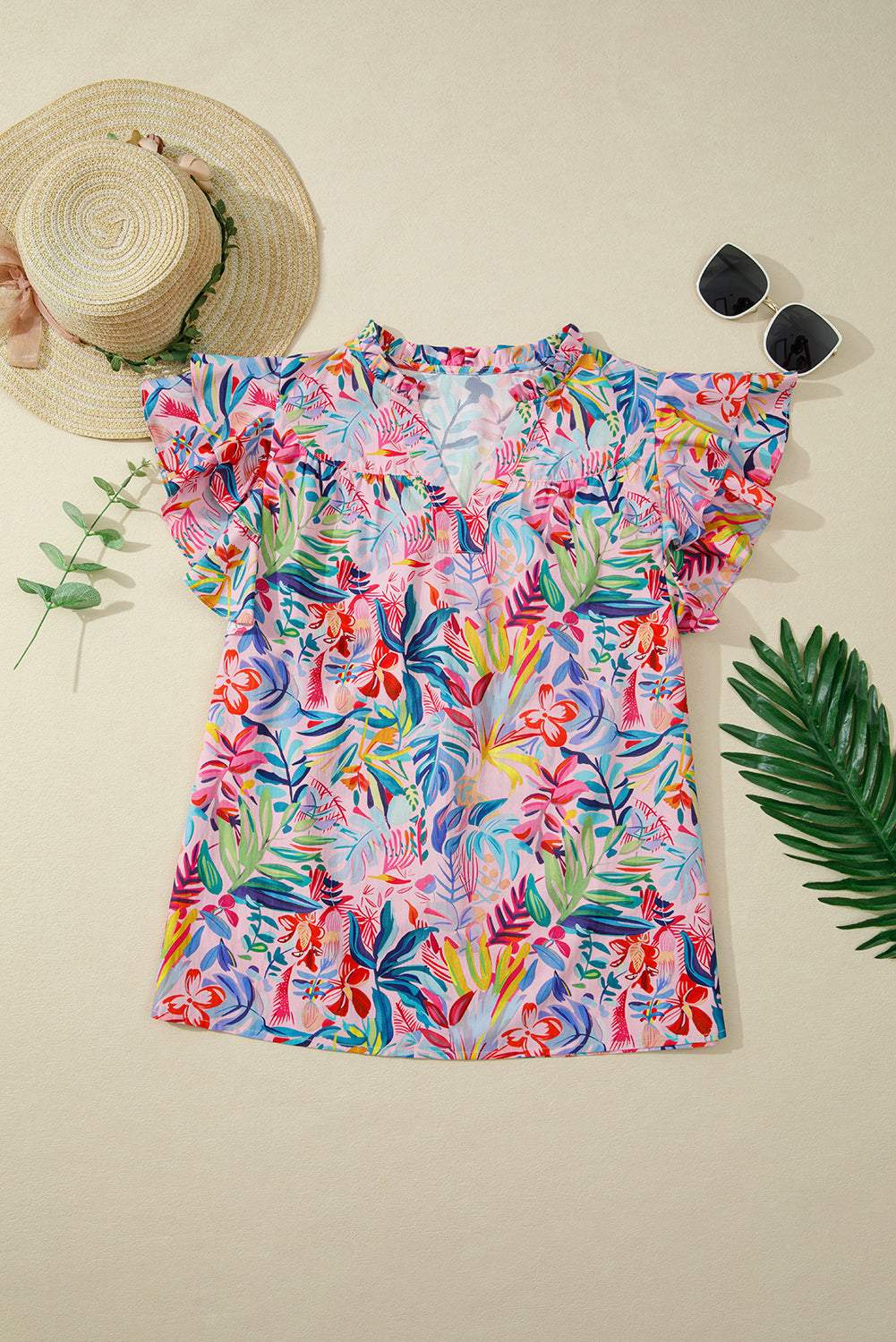 Floral Frilled Notch Neck Ruffle Sleeve Blouse