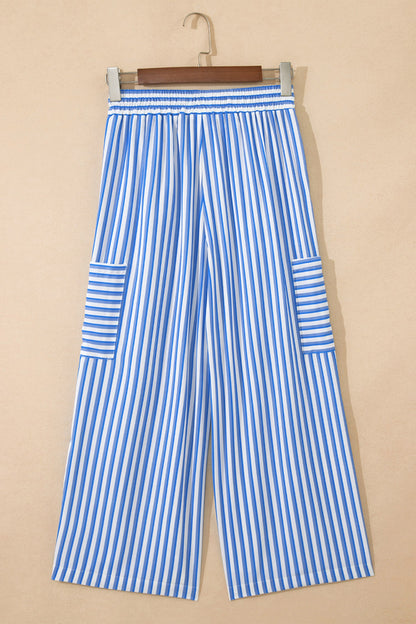 Stripe Drawstring Elastic Waist Wide Leg Pants