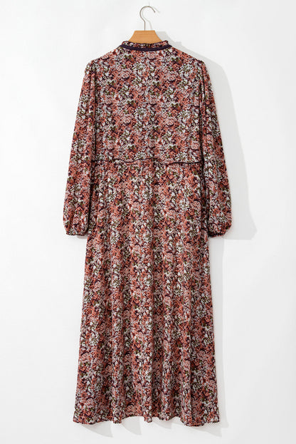 Floral Frilled V-Neck Split Front Tiered Midi Dress