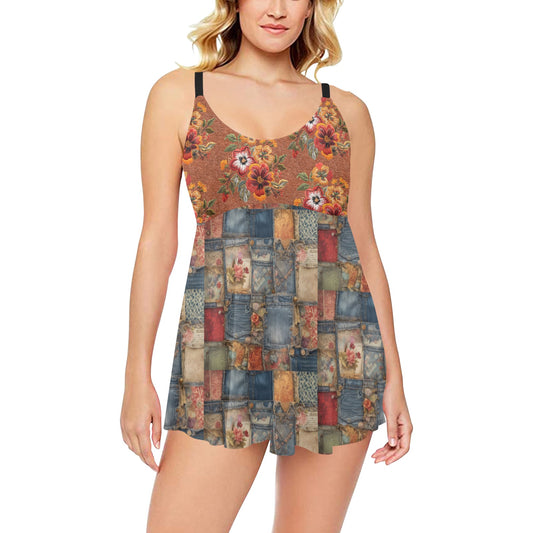 Rustic Patchwork Chest Pleat Swim Dress