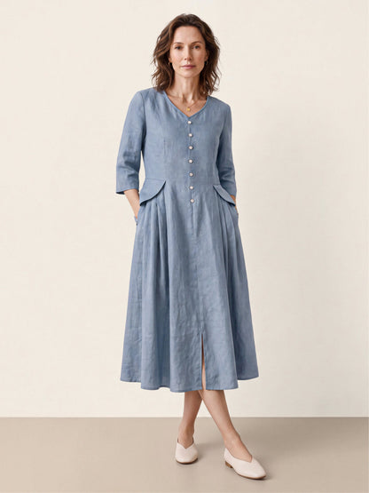 100% Linen Shell Button A Line Midi Dress ELIORA