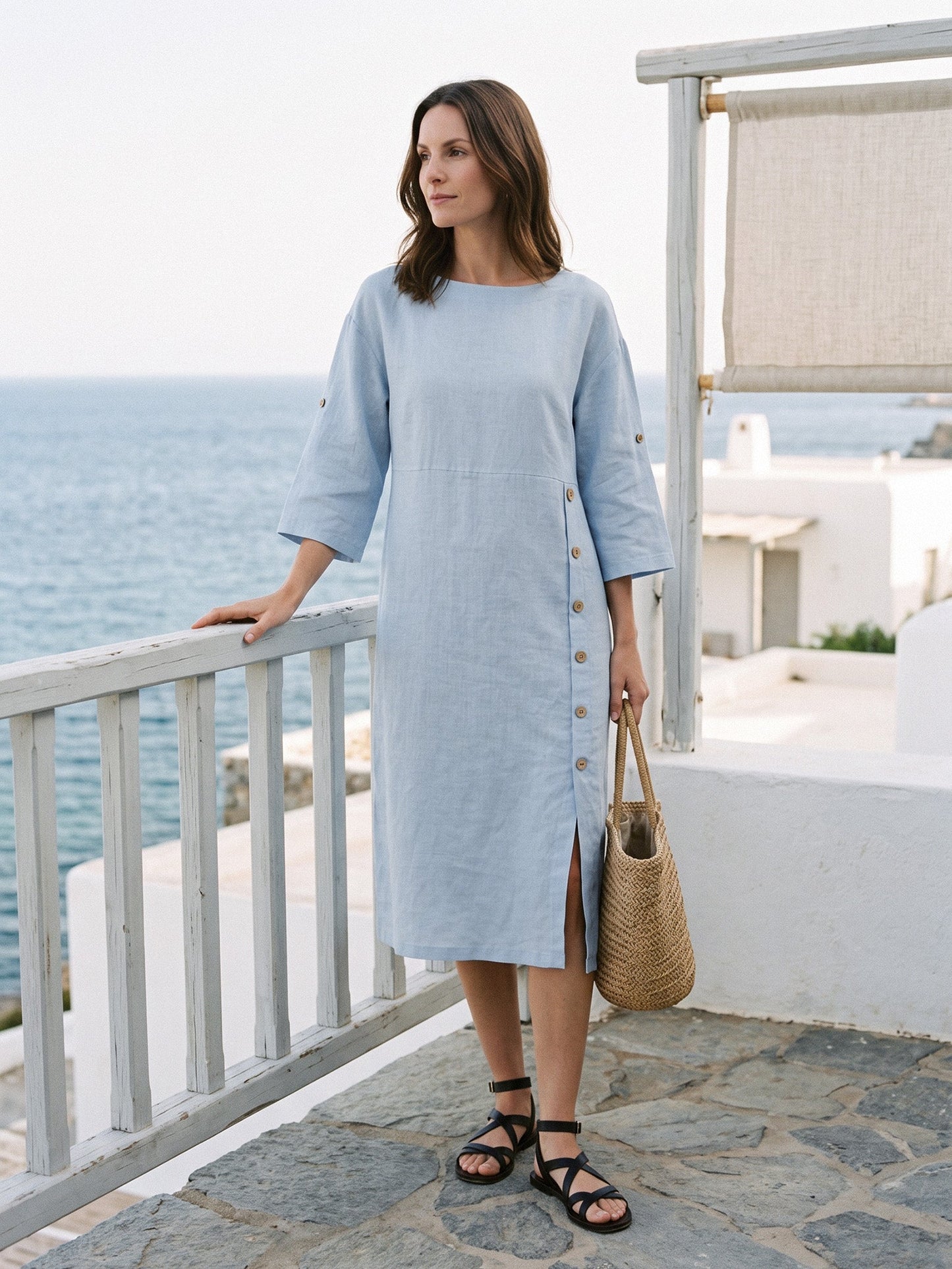 100% Linen Round Neck Button Detail Midi Dress JELENA