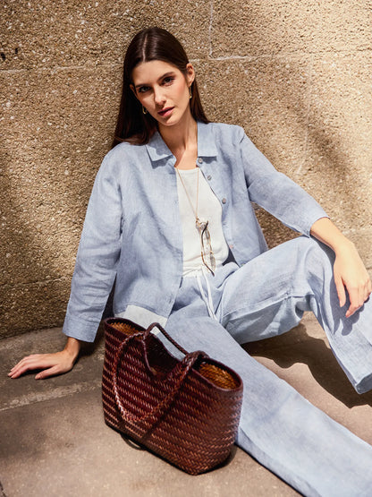 100% Linen Buttoned Closure Color-Blocked Shirt JANICE
