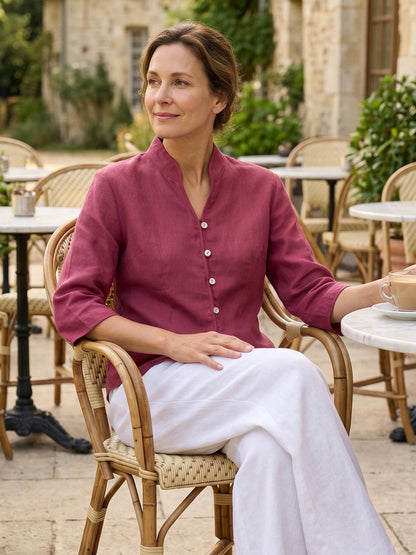 100% Linen Stand-Collar Half-Sleeve Fitted Jacket AMELIA